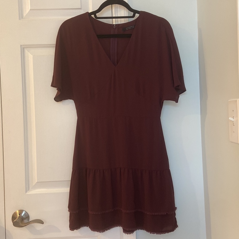 AllSaints Marley V Neck Short Sleeve Tiered Ruffle Dress in Bordeaux Red Color